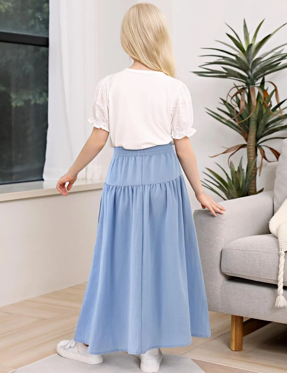 Girls Casual Elastic High Waist Maxi Skirt A-Line Long Swing Linen Skirt with Pockets for 4-13 Years