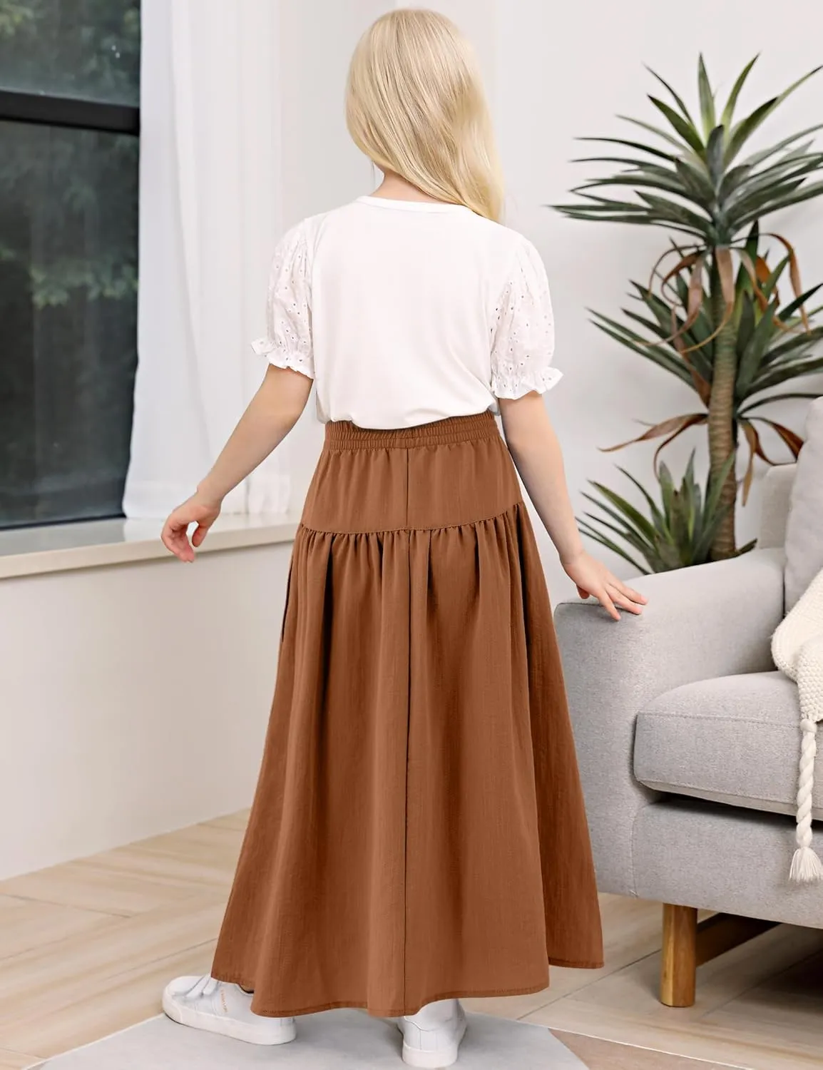 Girls Casual Elastic High Waist Maxi Skirt A-Line Long Swing Linen Skirt with Pockets for 4-13 Years