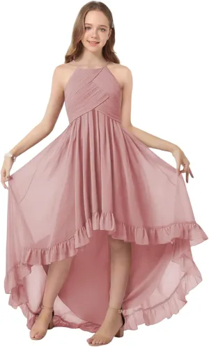 Girls Chiffon Halter Flower Girl Flowy Dresses with Ruffles Asymmetrical A Line Wedding Party Junior Bridesmaid Dress