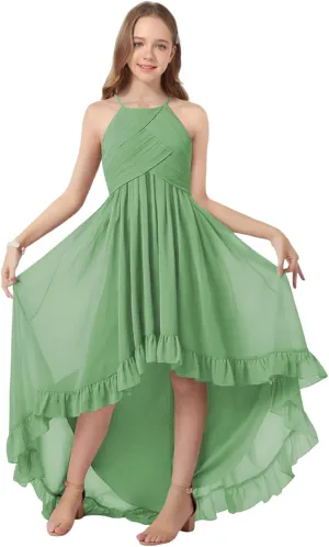 Girls Chiffon Halter Flower Girl Flowy Dresses with Ruffles Asymmetrical A Line Wedding Party Junior Bridesmaid Dress