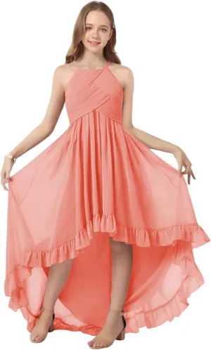 Girls Chiffon Halter Flower Girl Flowy Dresses with Ruffles Asymmetrical A Line Wedding Party Junior Bridesmaid Dress