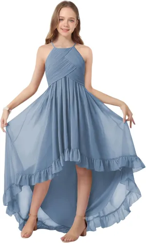 Girls Chiffon Halter Flower Girl Flowy Dresses with Ruffles Asymmetrical A Line Wedding Party Junior Bridesmaid Dress