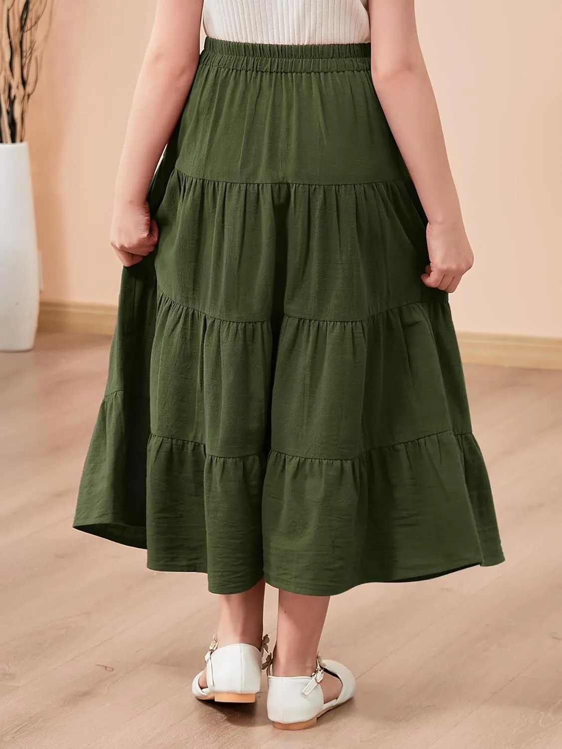 GORLYA Girls Casual Vintage Solid Elastic High Waist Tiered Hem Long Swing Linen Maxi Skirt for 4-14T