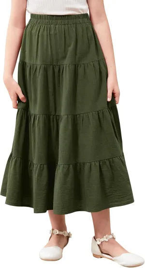 GORLYA Girls Casual Vintage Solid Elastic High Waist Tiered Hem Long Swing Linen Maxi Skirt for 4-14T