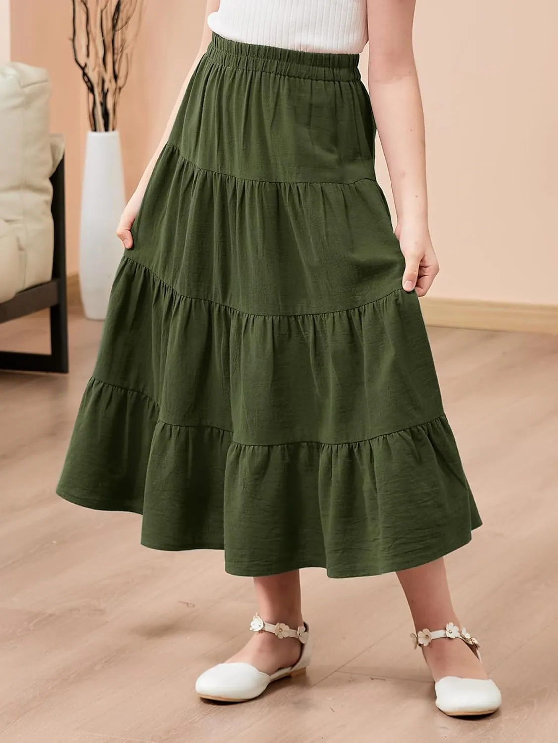 GORLYA Girls Casual Vintage Solid Elastic High Waist Tiered Hem Long Swing Linen Maxi Skirt for 4-14T