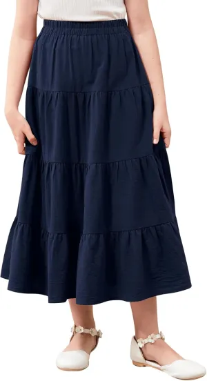 GORLYA Girls Casual Vintage Solid Elastic High Waist Tiered Hem Long Swing Linen Maxi Skirt for 4-14T