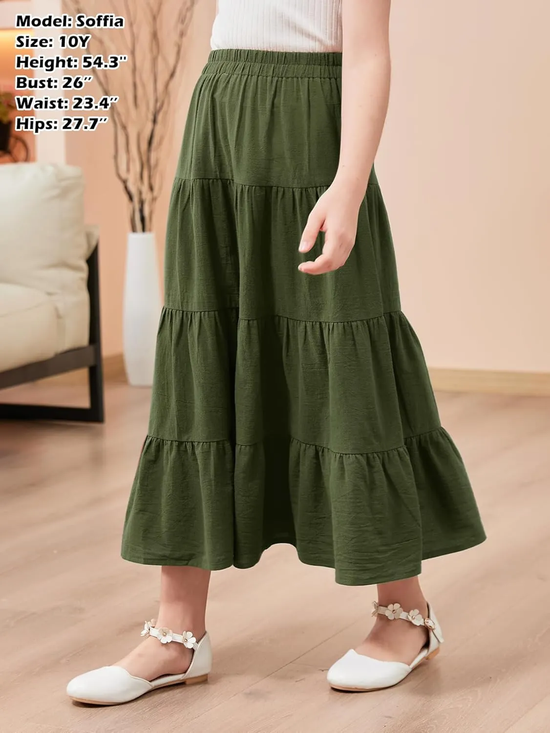 GORLYA Girls Casual Vintage Solid Elastic High Waist Tiered Hem Long Swing Linen Maxi Skirt for 4-14T