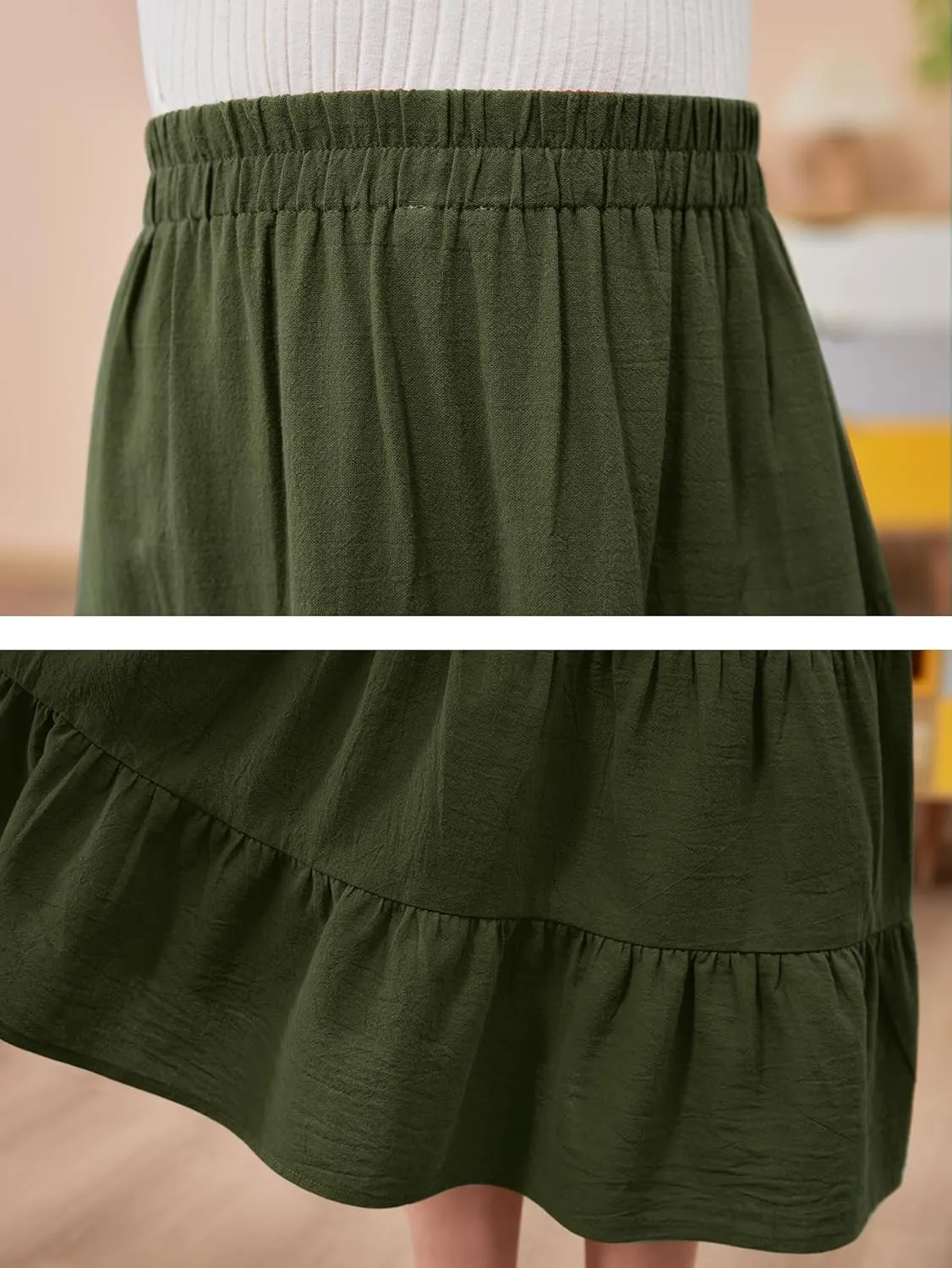 GORLYA Girls Casual Vintage Solid Elastic High Waist Tiered Hem Long Swing Linen Maxi Skirt for 4-14T