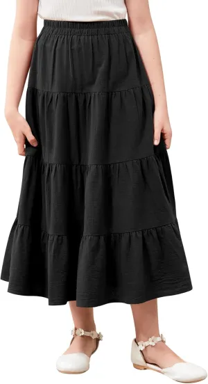 GORLYA Girls Casual Vintage Solid Elastic High Waist Tiered Hem Long Swing Linen Maxi Skirt for 4-14T
