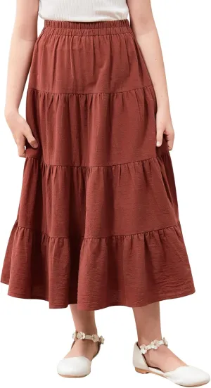 GORLYA Girls Casual Vintage Solid Elastic High Waist Tiered Hem Long Swing Linen Maxi Skirt for 4-14T