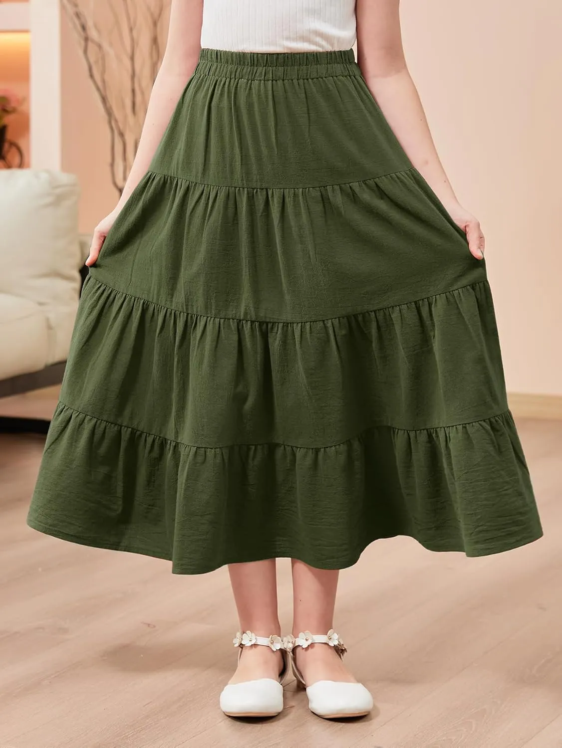 GORLYA Girls Casual Vintage Solid Elastic High Waist Tiered Hem Long Swing Linen Maxi Skirt for 4-14T