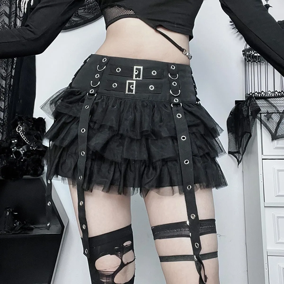 Gothic Skirt for Women Trendy High Waisted Tulle Skirts Grunge Punk Mini Skater Skirt