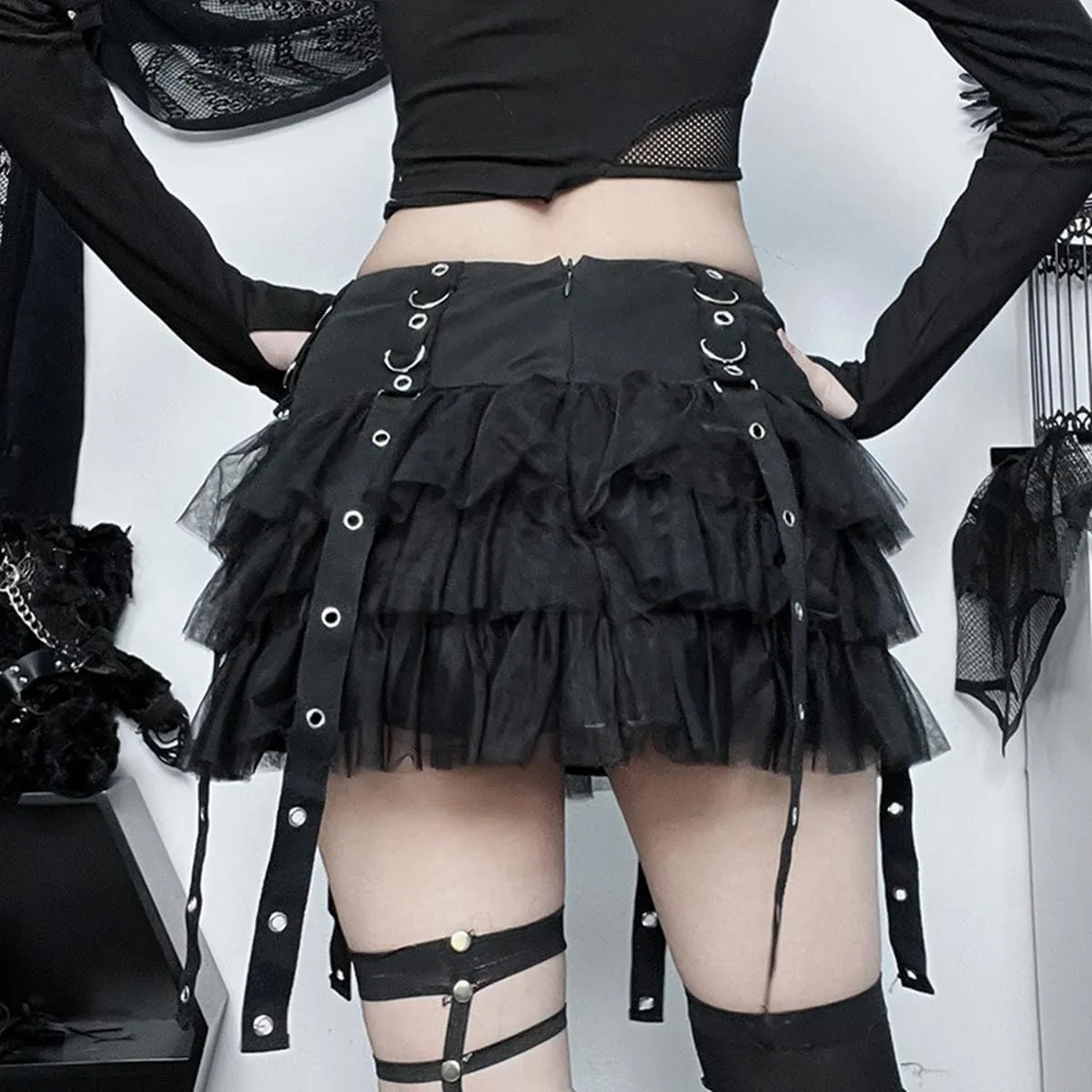 Gothic Skirt for Women Trendy High Waisted Tulle Skirts Grunge Punk Mini Skater Skirt