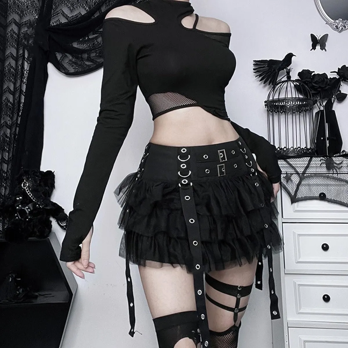 Gothic Skirt for Women Trendy High Waisted Tulle Skirts Grunge Punk Mini Skater Skirt