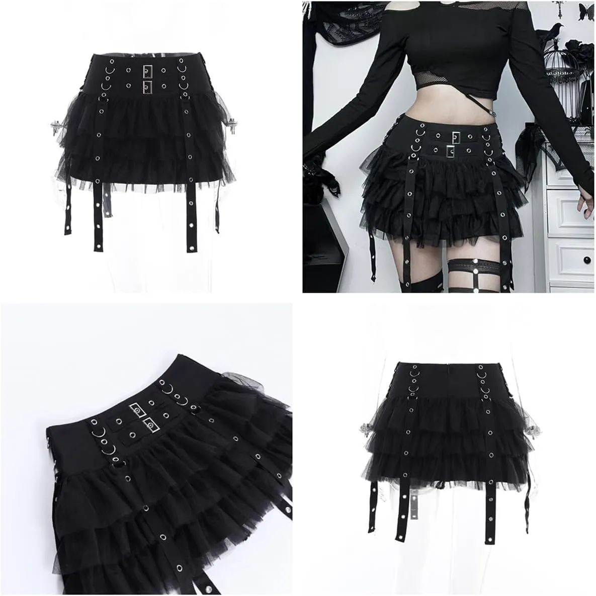 Gothic Skirt for Women Trendy High Waisted Tulle Skirts Grunge Punk Mini Skater Skirt