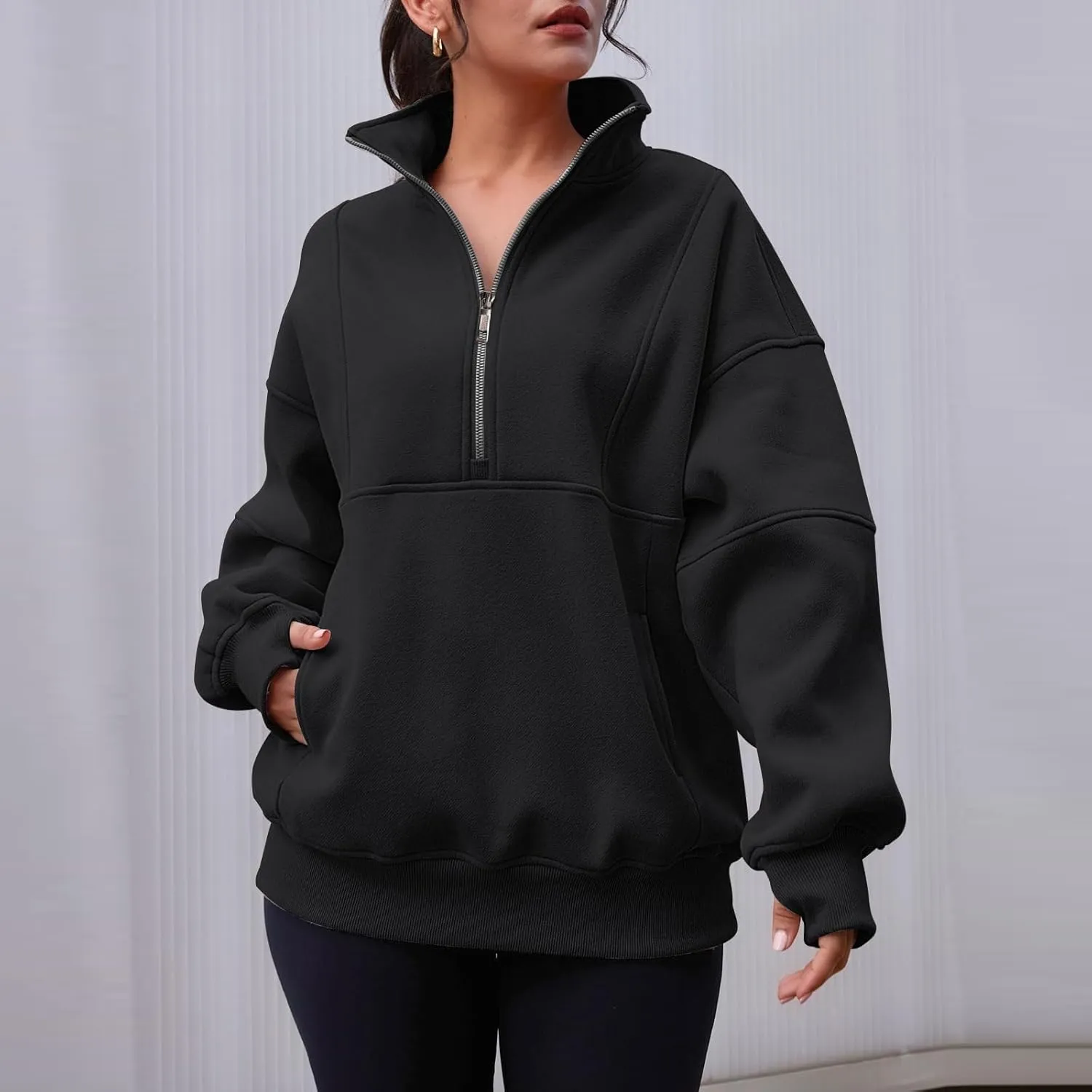 Half Zip Pullover Women Casual Oversized Sweatshirt with Pocket Loose Fit Long Sleeve Workout Tops Fall Outfits 2024