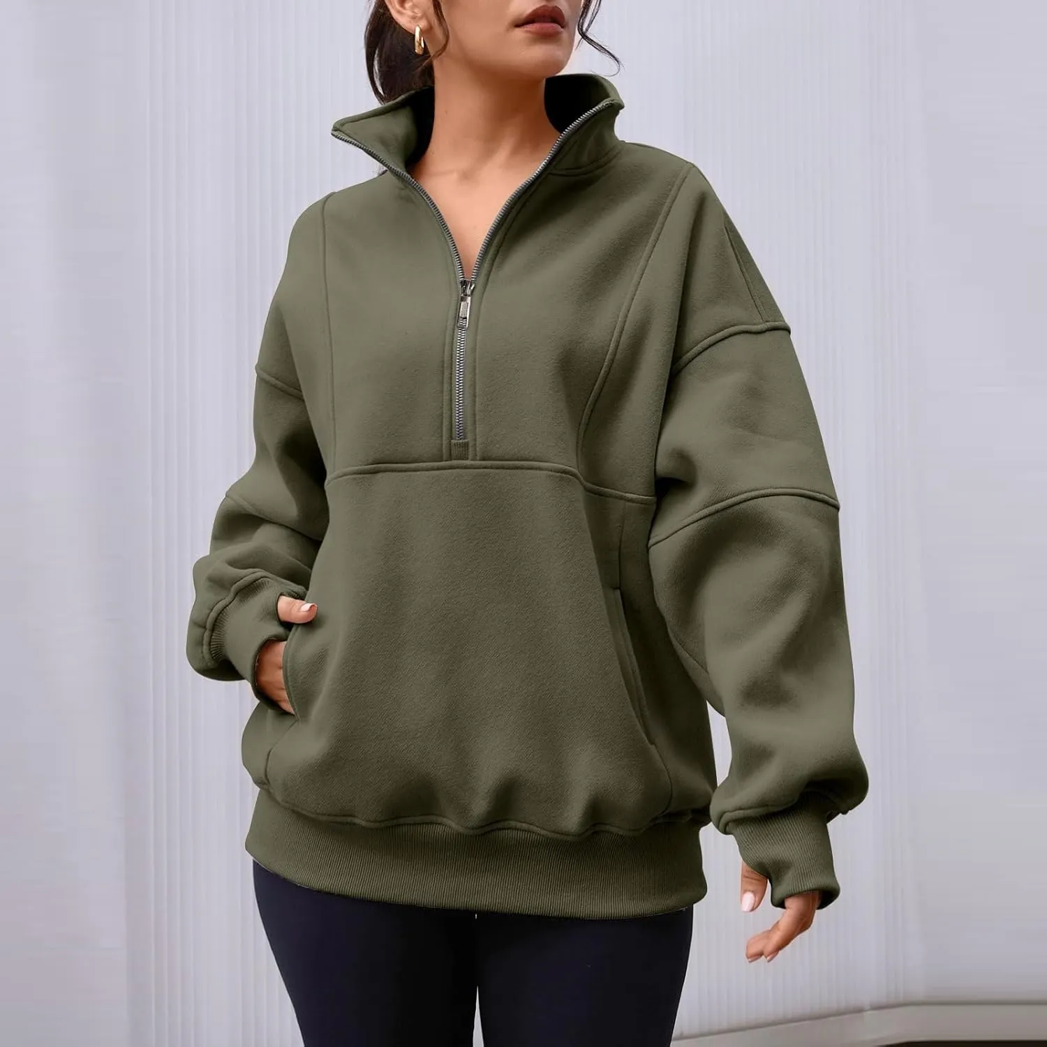 Half Zip Pullover Women Casual Oversized Sweatshirt with Pocket Loose Fit Long Sleeve Workout Tops Fall Outfits 2024