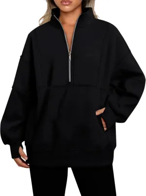 Half Zip Pullover Women Casual Oversized Sweatshirt with Pocket Loose Fit Long Sleeve Workout Tops Fall Outfits 2024