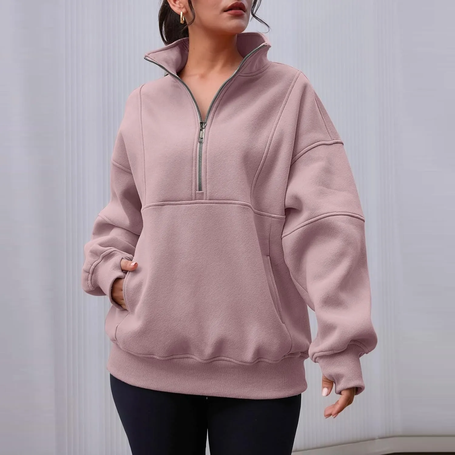 Half Zip Pullover Women Casual Oversized Sweatshirt with Pocket Loose Fit Long Sleeve Workout Tops Fall Outfits 2024