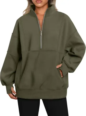 Half Zip Pullover Women Casual Oversized Sweatshirt with Pocket Loose Fit Long Sleeve Workout Tops Fall Outfits 2024