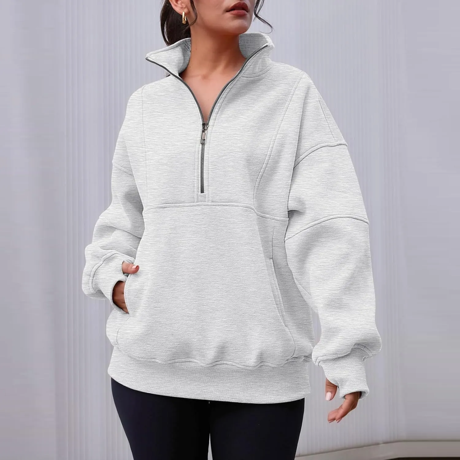Half Zip Pullover Women Casual Oversized Sweatshirt with Pocket Loose Fit Long Sleeve Workout Tops Fall Outfits 2024