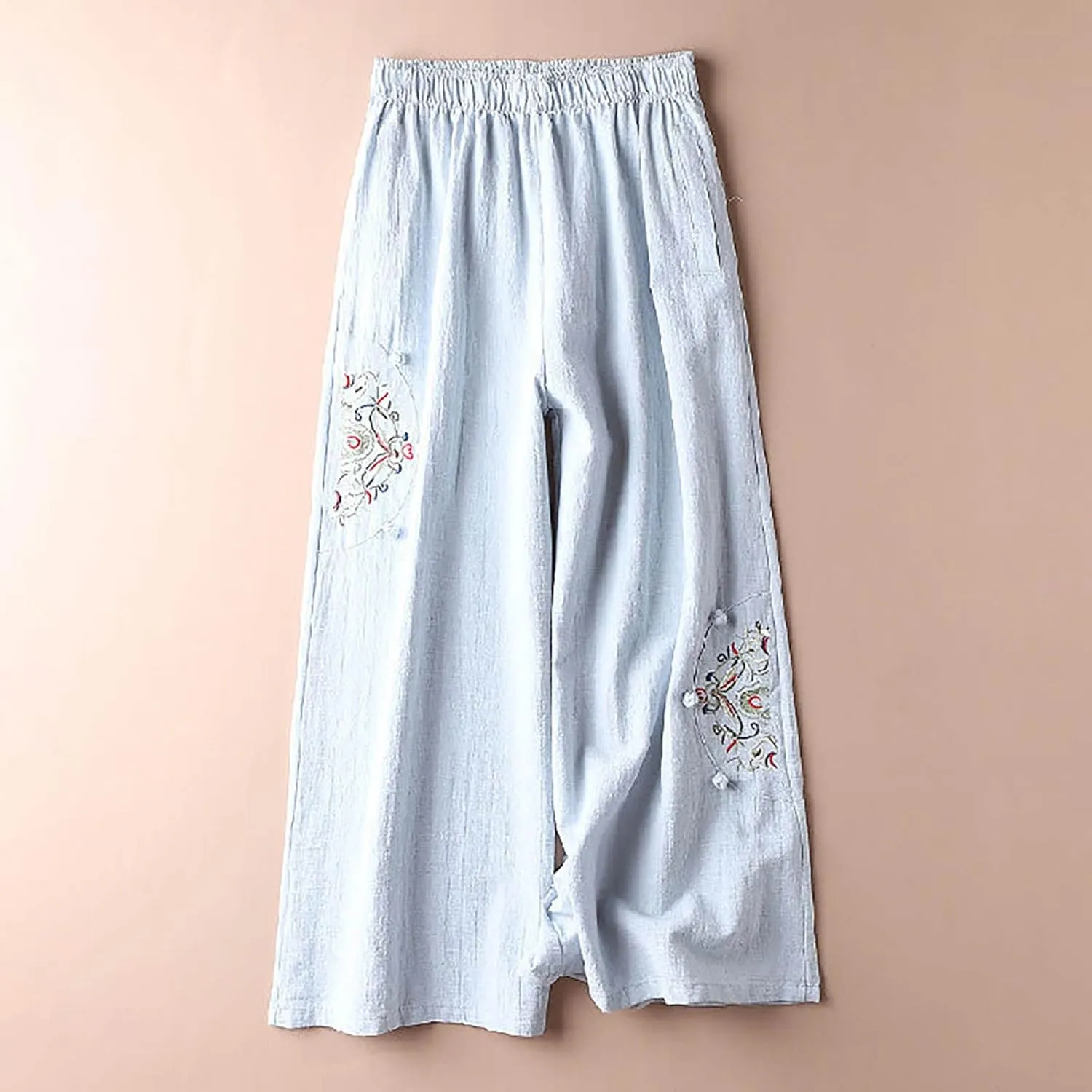 HGps8w Women's Cotton Linen Wide Leg Pants Plus Size Striped Drawstring Elastic High Waist Loose Lounge Trousers with Pockets
