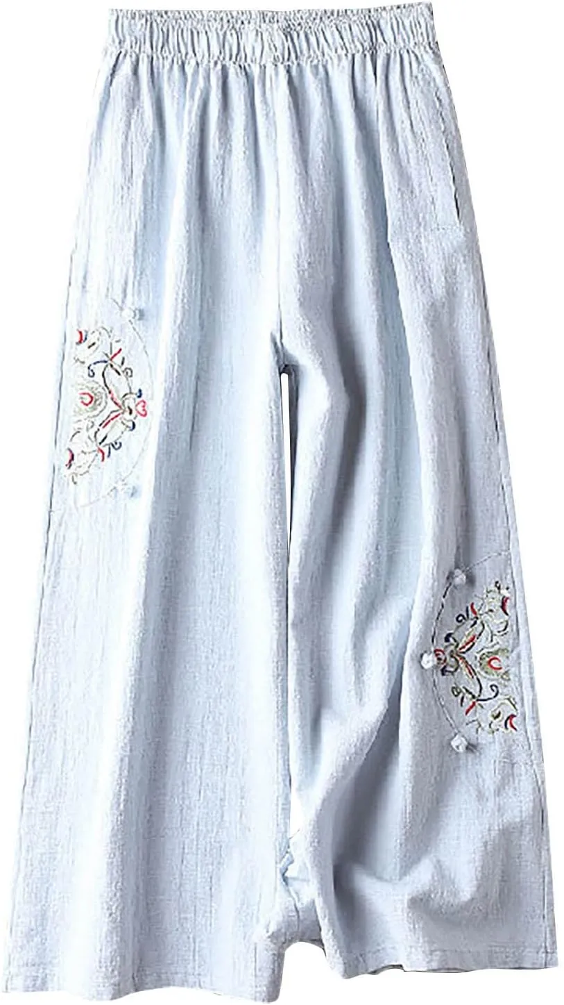 HGps8w Women's Cotton Linen Wide Leg Pants Plus Size Striped Drawstring Elastic High Waist Loose Lounge Trousers with Pockets