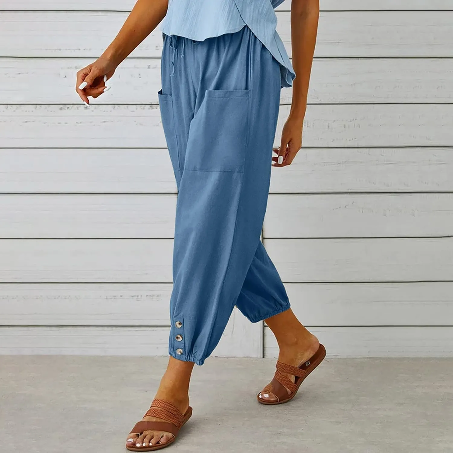 High Waist Cotton Linen Pants for Women Casual Summer Drawstring Lounge Pants Loose Cropped Trousers with Pockets