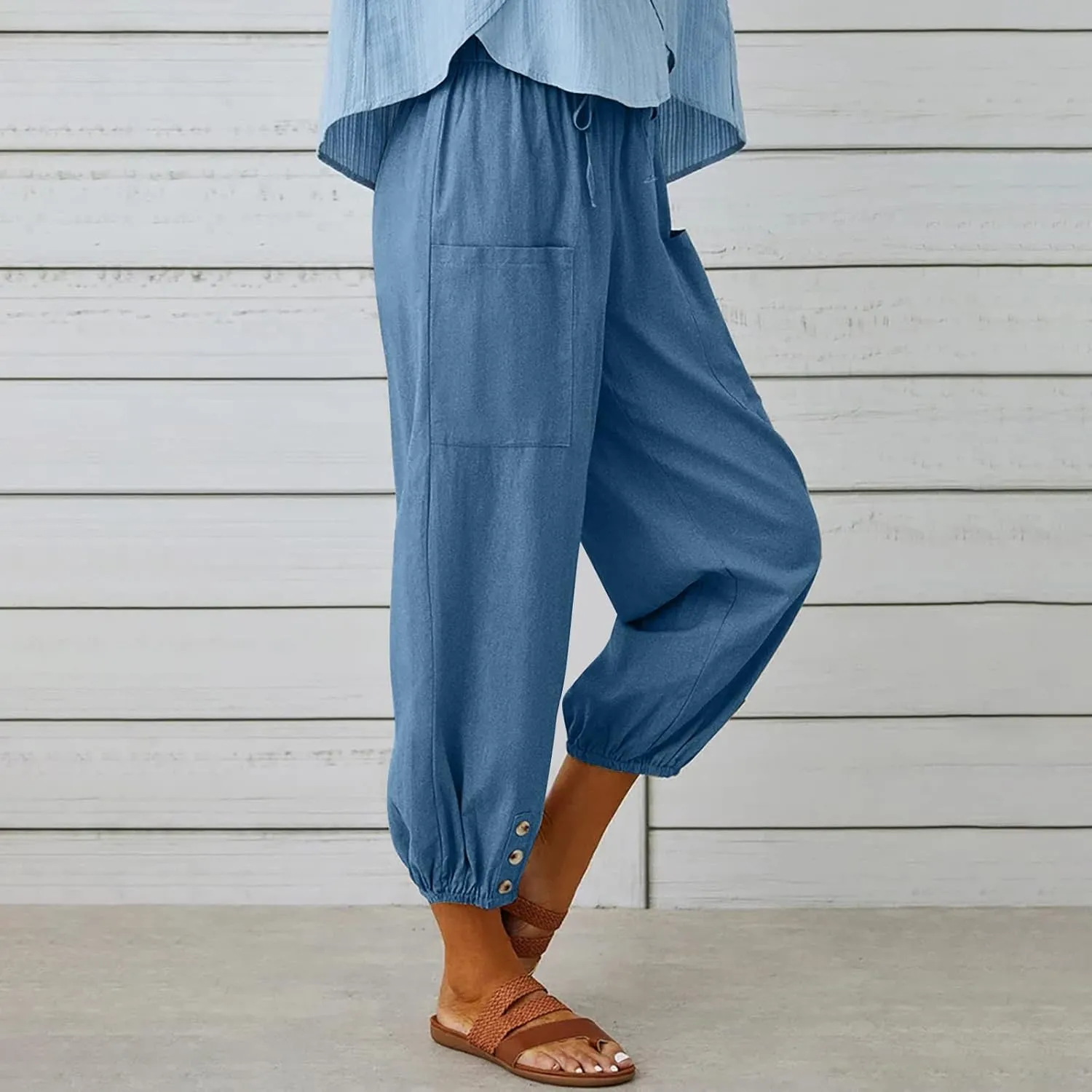 High Waist Cotton Linen Pants for Women Casual Summer Drawstring Lounge Pants Loose Cropped Trousers with Pockets