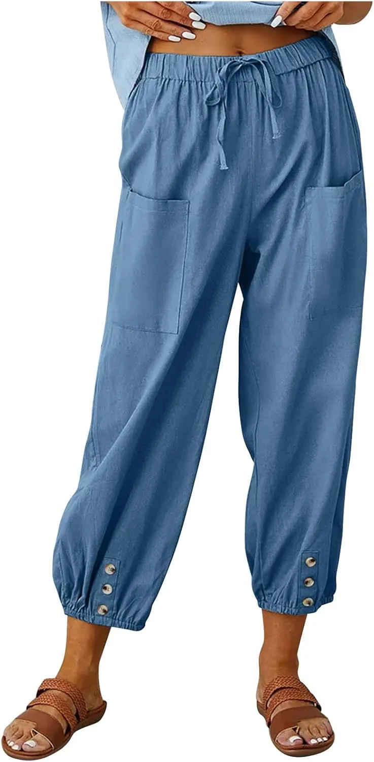 High Waist Cotton Linen Pants for Women Casual Summer Drawstring Lounge Pants Loose Cropped Trousers with Pockets