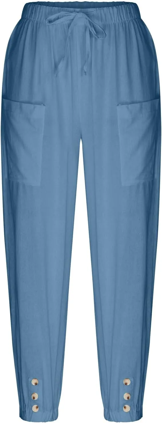 High Waist Cotton Linen Pants for Women Casual Summer Drawstring Lounge Pants Loose Cropped Trousers with Pockets