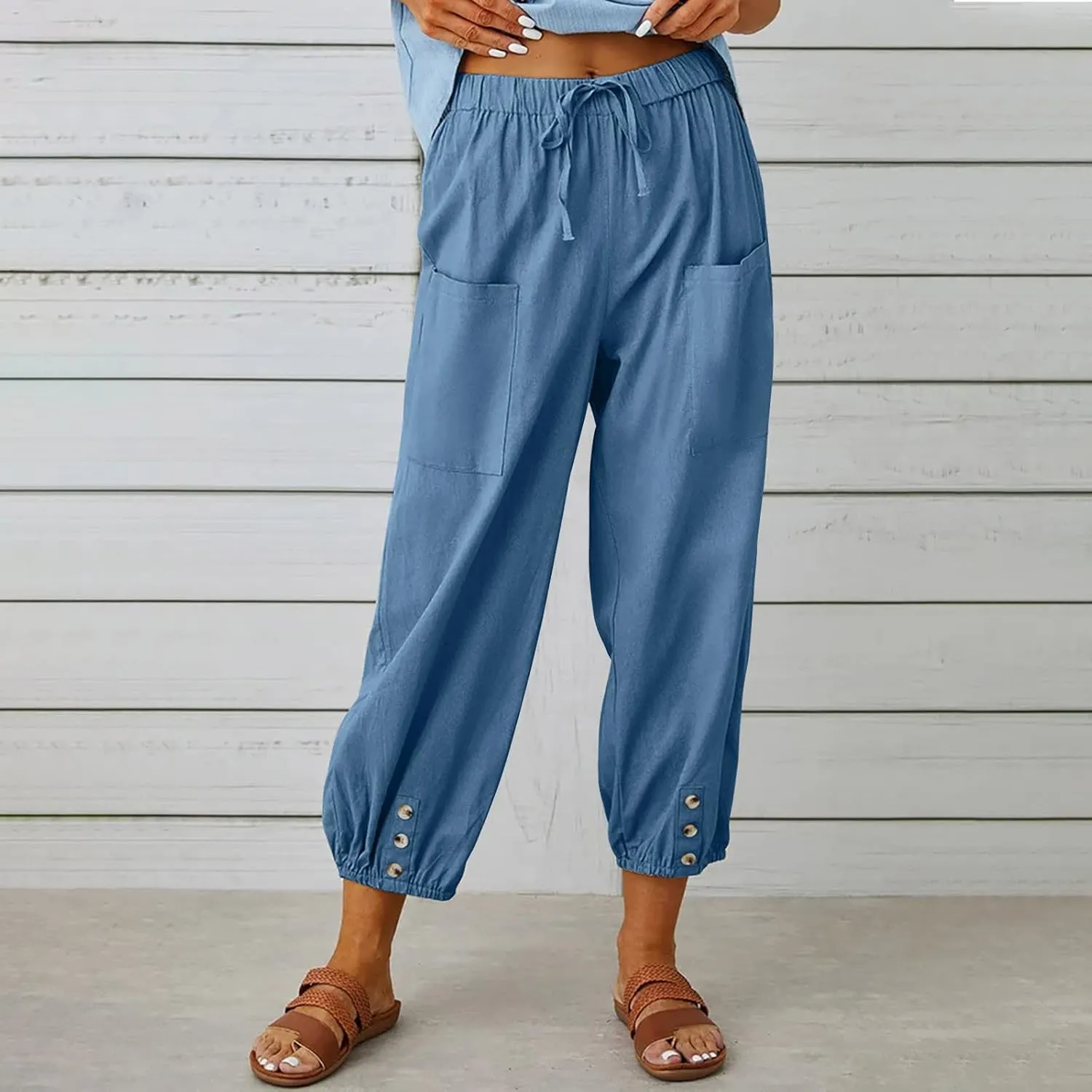 High Waist Cotton Linen Pants for Women Casual Summer Drawstring Lounge Pants Loose Cropped Trousers with Pockets