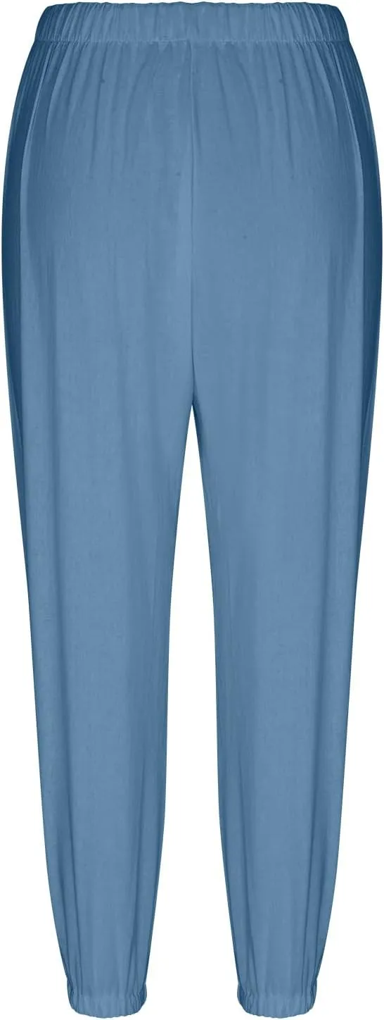 High Waist Cotton Linen Pants for Women Casual Summer Drawstring Lounge Pants Loose Cropped Trousers with Pockets