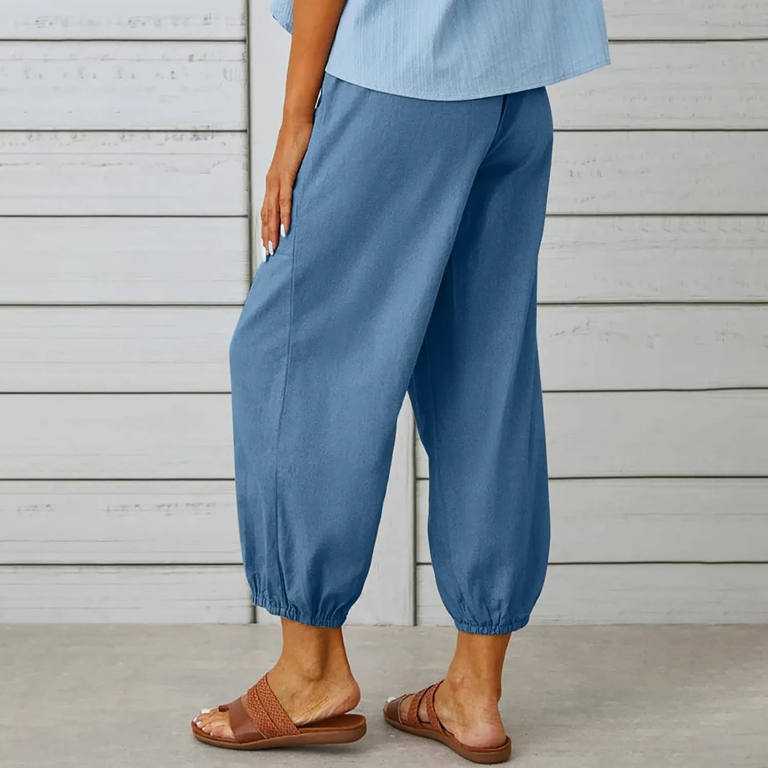 High Waist Cotton Linen Pants for Women Casual Summer Drawstring Lounge Pants Loose Cropped Trousers with Pockets