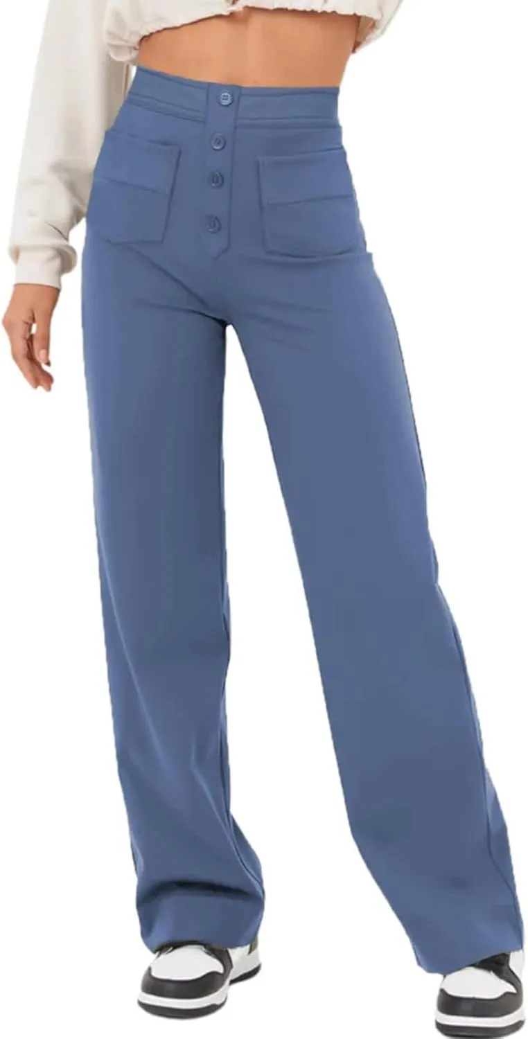 High Waist Work Pants for Women Business Work Casual Trousers Straight Leg Button Down Pants with Pockets Office Dress
