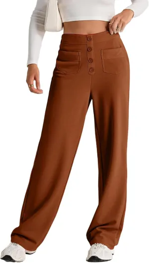 High Waist Work Pants for Women Business Work Casual Trousers Straight Leg Button Down Pants with Pockets Office Dress