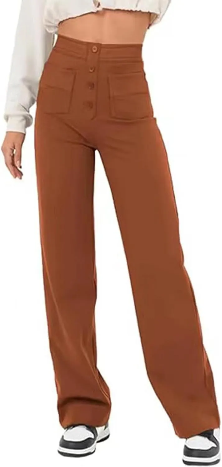 High Waist Work Pants for Women Business Work Casual Trousers Straight Leg Button Down Pants with Pockets Office Dress
