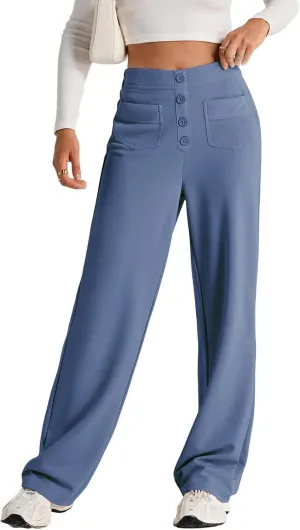 High Waist Work Pants for Women Business Work Casual Trousers Straight Leg Button Down Pants with Pockets Office Dress