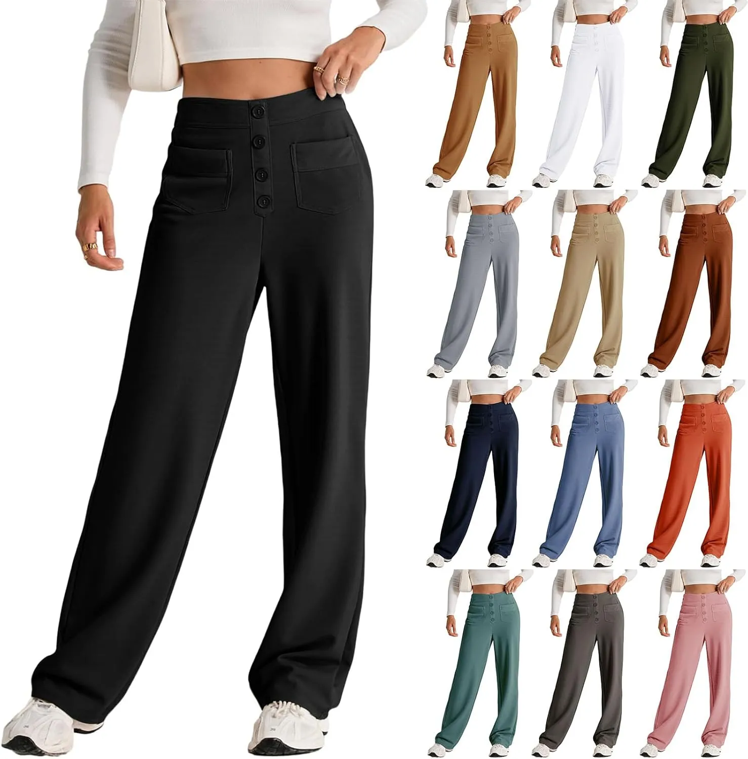 High Waist Work Pants for Women Business Work Casual Trousers Straight Leg Button Down Pants with Pockets Office Dress