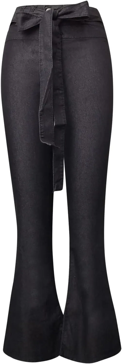 High Waisted Flare Jeans for Woman Adjustable Tie Wide Leg Denim Trousers Trendy Stretchy Bell Bottoms with Pockets