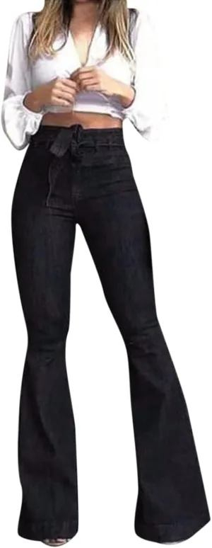 High Waisted Flare Jeans for Woman Adjustable Tie Wide Leg Denim Trousers Trendy Stretchy Bell Bottoms with Pockets