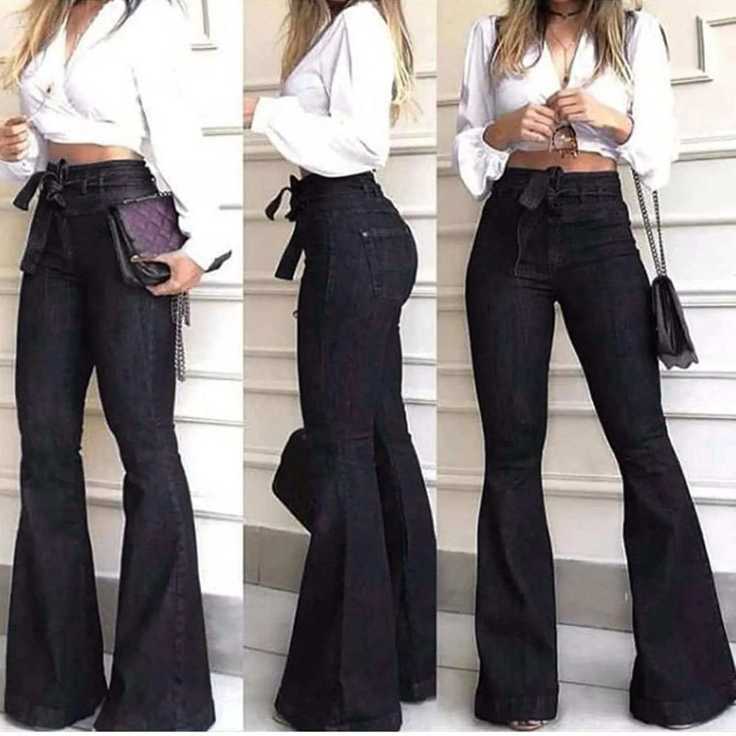 High Waisted Flare Jeans for Woman Adjustable Tie Wide Leg Denim Trousers Trendy Stretchy Bell Bottoms with Pockets