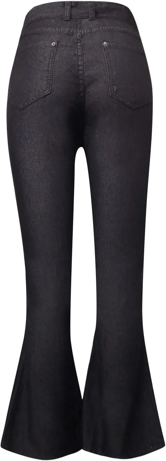 High Waisted Flare Jeans for Woman Adjustable Tie Wide Leg Denim Trousers Trendy Stretchy Bell Bottoms with Pockets