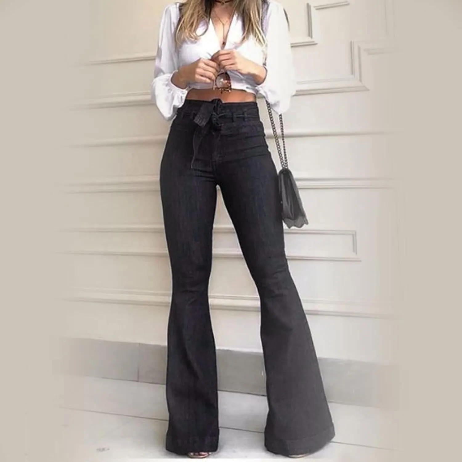 High Waisted Flare Jeans for Woman Adjustable Tie Wide Leg Denim Trousers Trendy Stretchy Bell Bottoms with Pockets