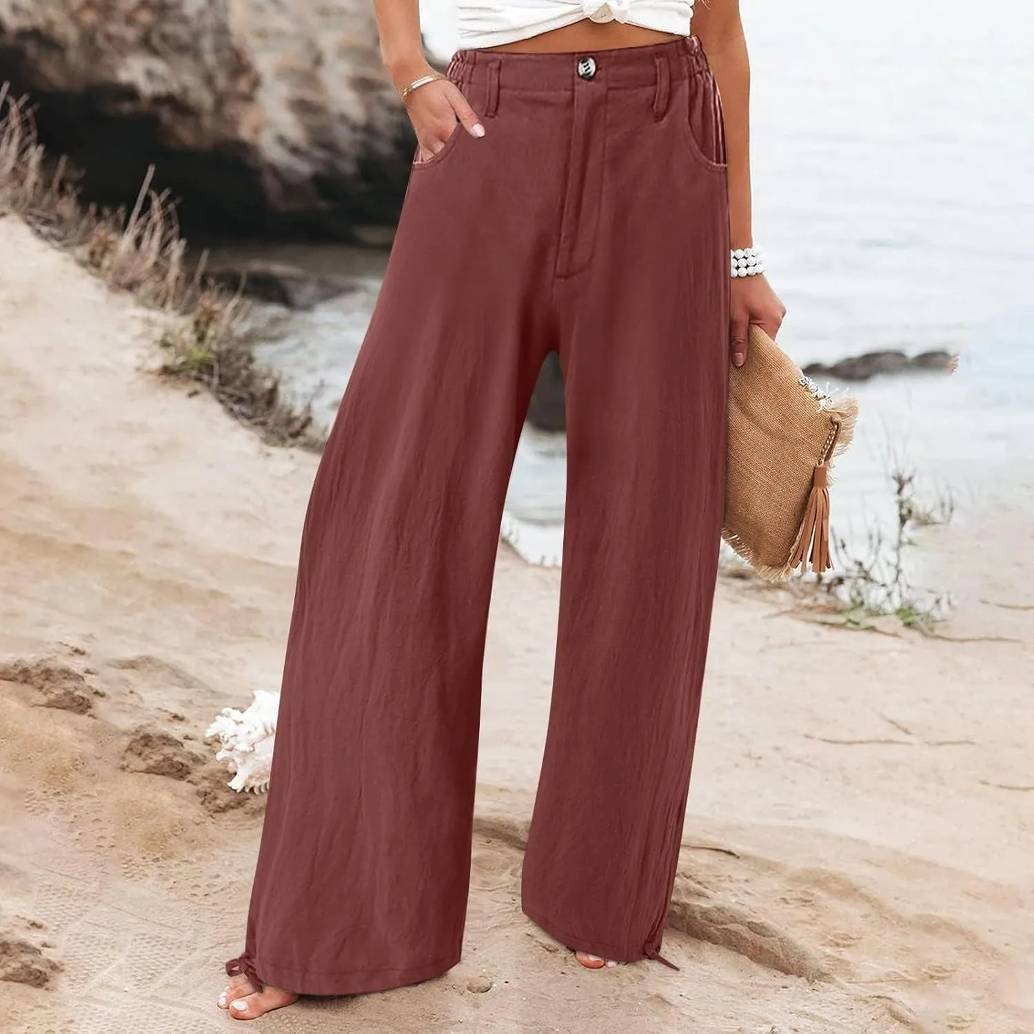 High Waisted Wide Leg Pants for Women 2024 Trendy Boho Flowy Palazzo Pant Summer Casual Lounge Trousers with Pockets