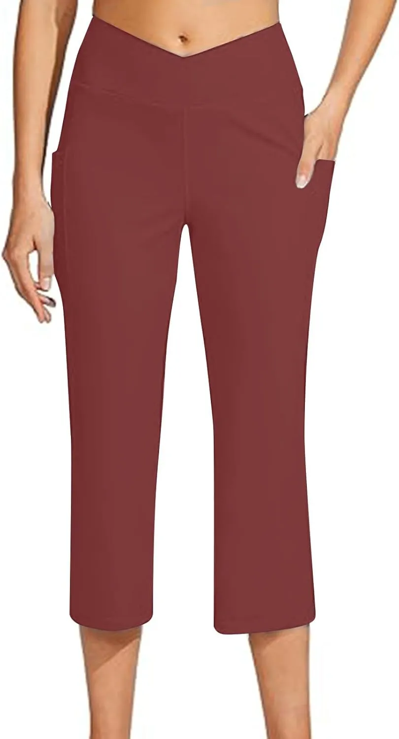 hlysgo Women's Yoga Capris Pants High Waist Leggings Crossover Straight Leg Crop Trousers Summer Workout Capris with Pockets