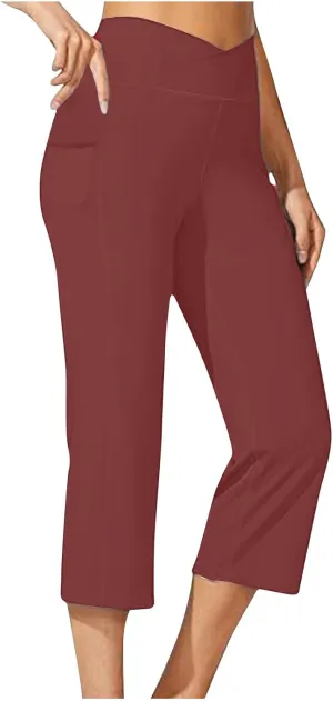 hlysgo Women's Yoga Capris Pants High Waist Leggings Crossover Straight Leg Crop Trousers Summer Workout Capris with Pockets