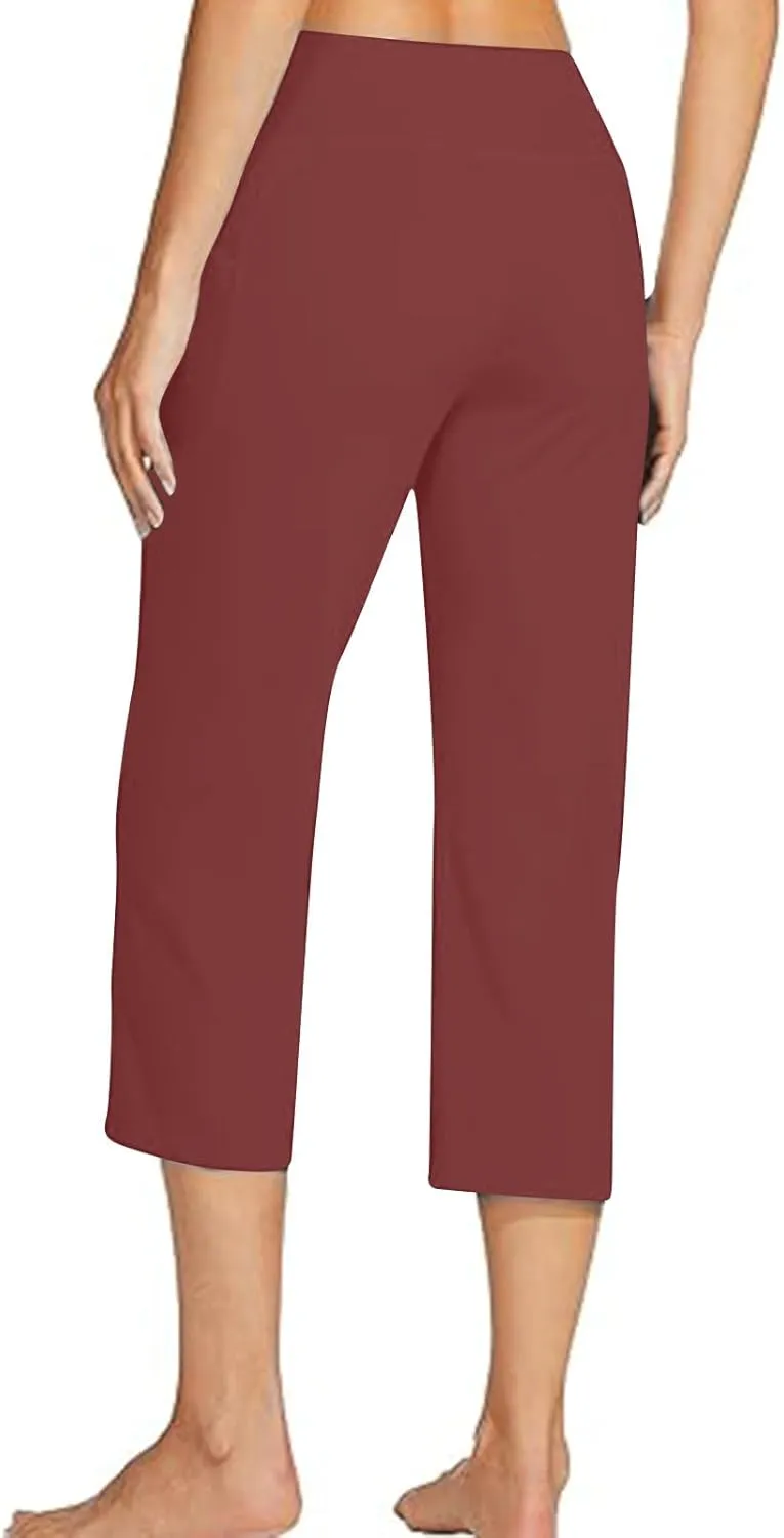 hlysgo Women's Yoga Capris Pants High Waist Leggings Crossover Straight Leg Crop Trousers Summer Workout Capris with Pockets