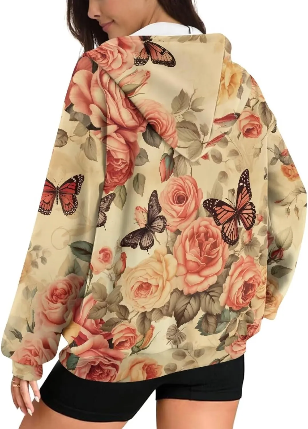 Horeset Flower Women Sweatshirt Hoodie Loose Fitting Pullover Tops Hoody Jacket with Full-Zip