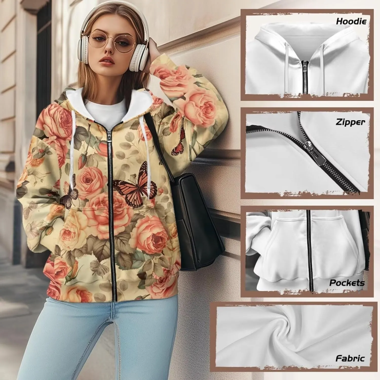 Horeset Flower Women Sweatshirt Hoodie Loose Fitting Pullover Tops Hoody Jacket with Full-Zip
